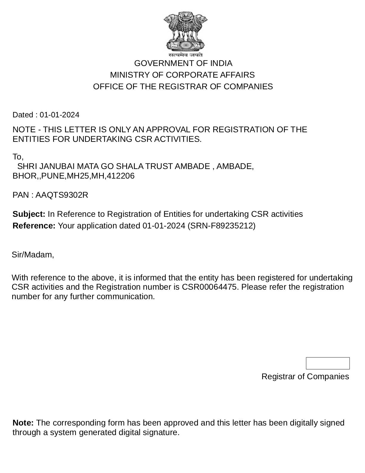 Approval Letter for form CSR1